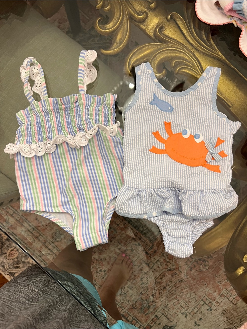 crown & ivy Girls' Blue Seersucker Crab One-Piece Swimsuit